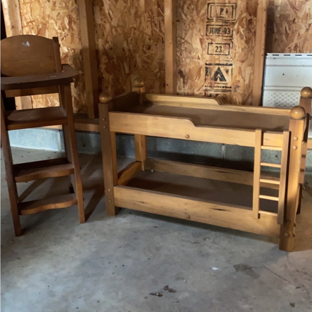 Handmade doll bunk bed and high chair